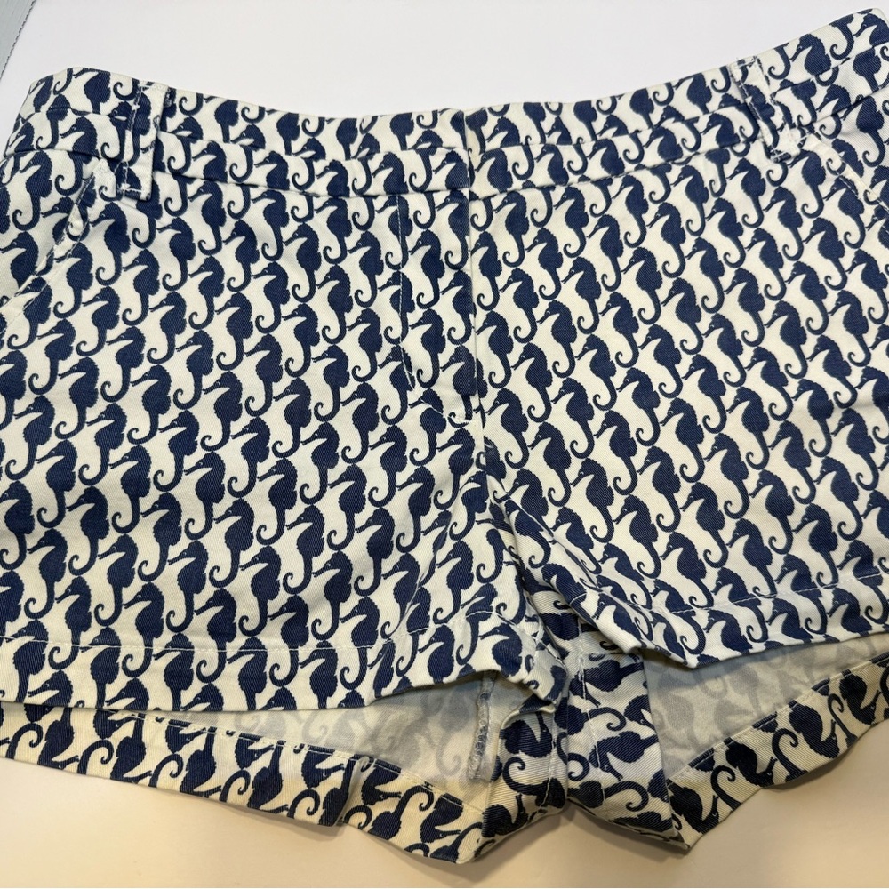 J. Crew Shorts Mid rise Blue and White Nautical Seahorse Pattern Women 10 EUC